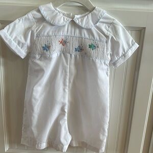 Petit Ami Hand Embroidered boys fish shortall